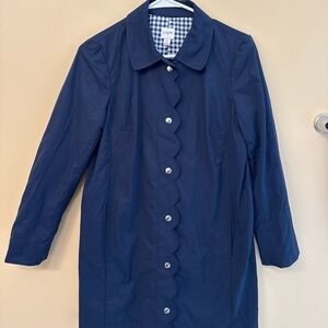 J. Crew Navy Scalloped-Edge Raincoat with Gingham Lining
